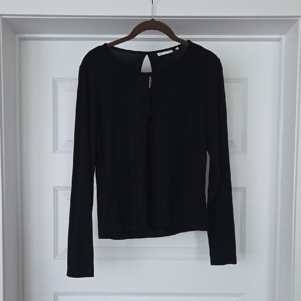Frank & Oak Modal Black Long Sleeve Keyhole Top, Size L